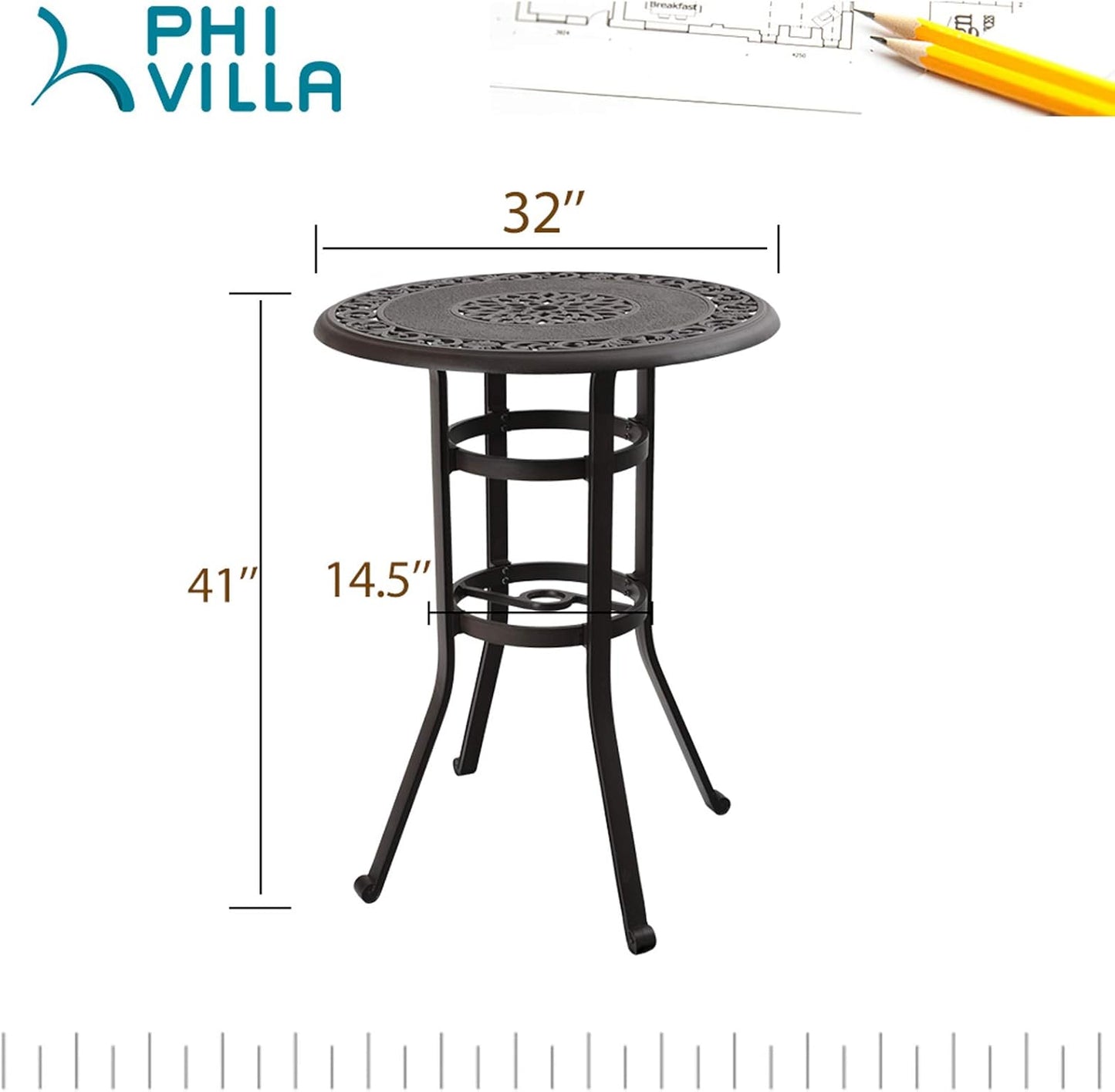 PHI VILLA 32" Cast Aluminum Patio Bar Table, 41" Height High Top Outdoor Table, Pub Height Bistro Round Table for Paito Lawn Garden, Brown