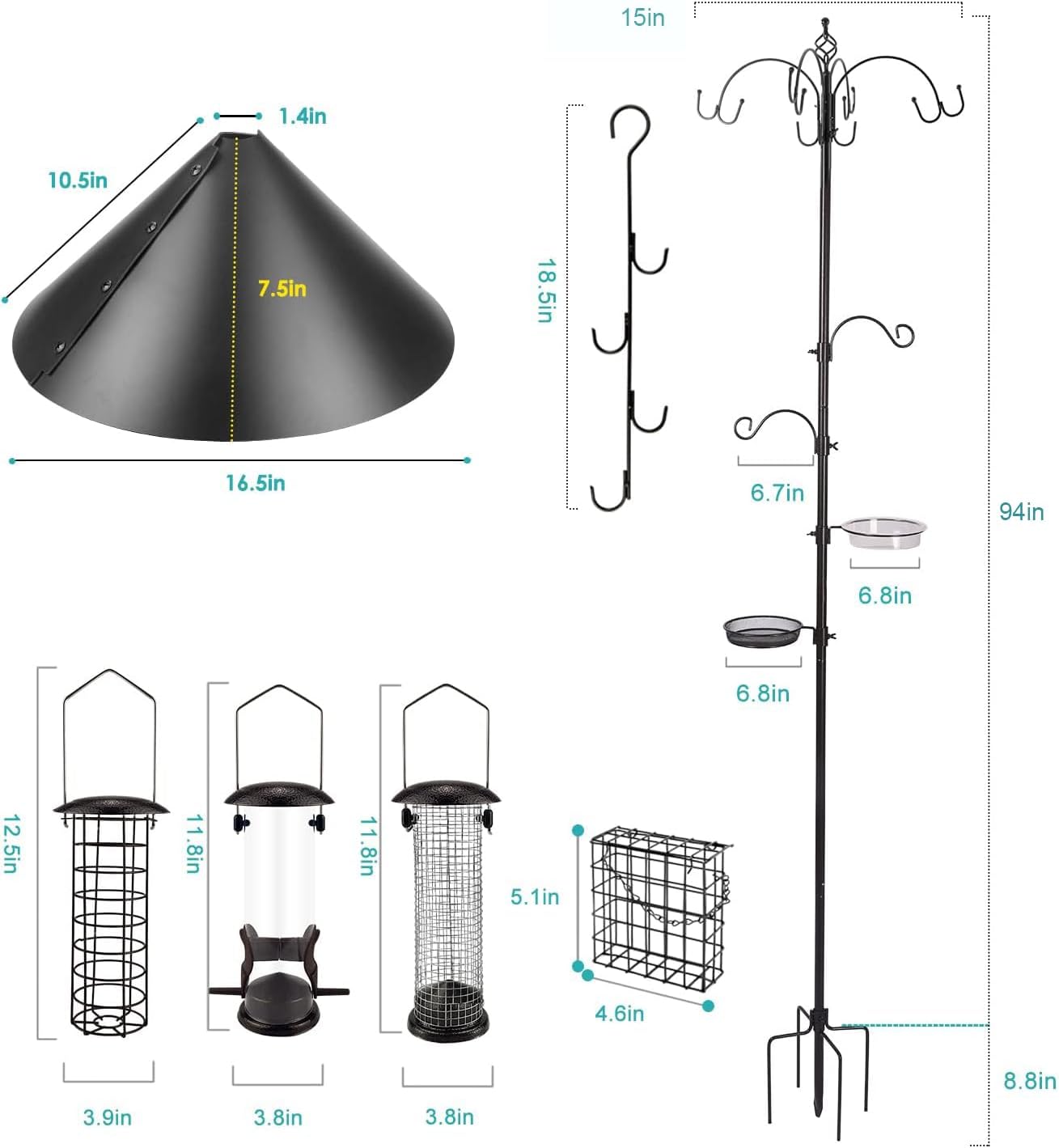 Bird Feeding Station Kit Bird Feeder Pole Wild Bird Feeder Kit with Squirrel Baffle and Suet Cage Mesh Tray Fruit Hook Double W Hook for Attracting Wild Birds