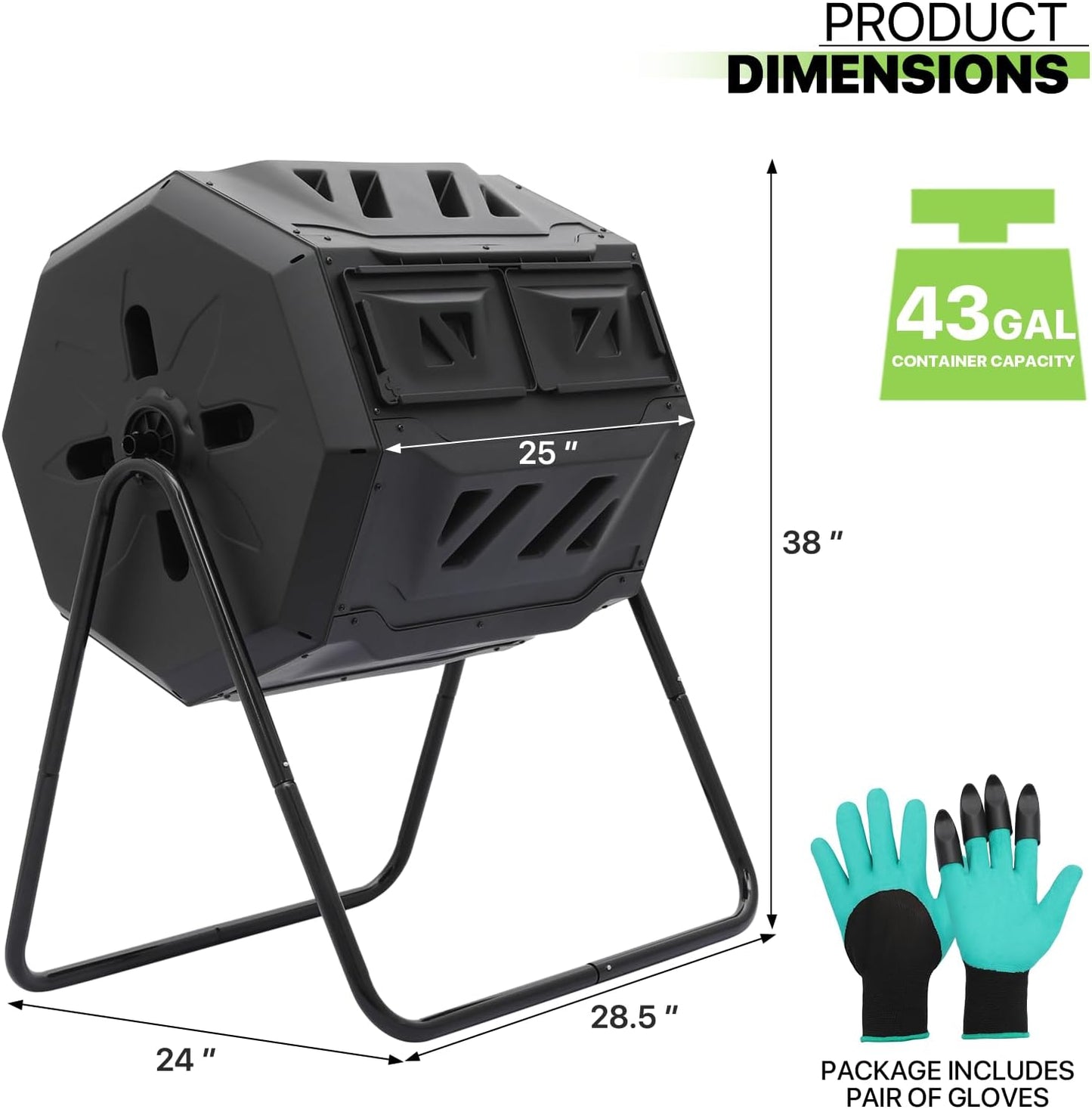 Magshion 43 Gal Chamber Compost Tumbler Outdoor Tumbling Composting Bins High Volume Garden Composter w/Dual Chamber Sliding Doors for Gardening, Black Sliding Doors