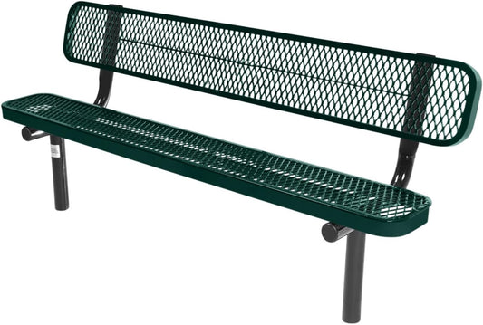 Coated Outdoor Furniture Heavy-Duty Outdoor Bench Thermoplastic Coated, Expanded Metal, Commercial-Grade Seating, Made in America (Inground with Back, 6 Ft, Dark Green)