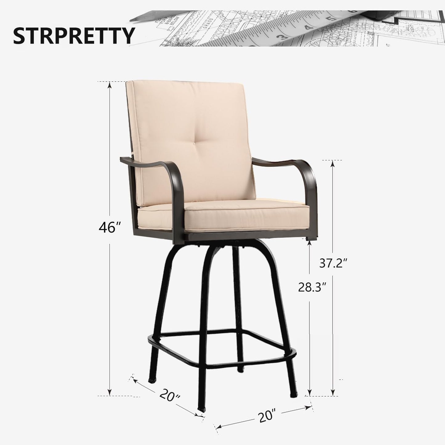 Patio Swivel Bar Stools Set of 2, Outdoor Bar Height Patio Swivel Chairs with Cushion for Garden Balcony Backyard (Beige)