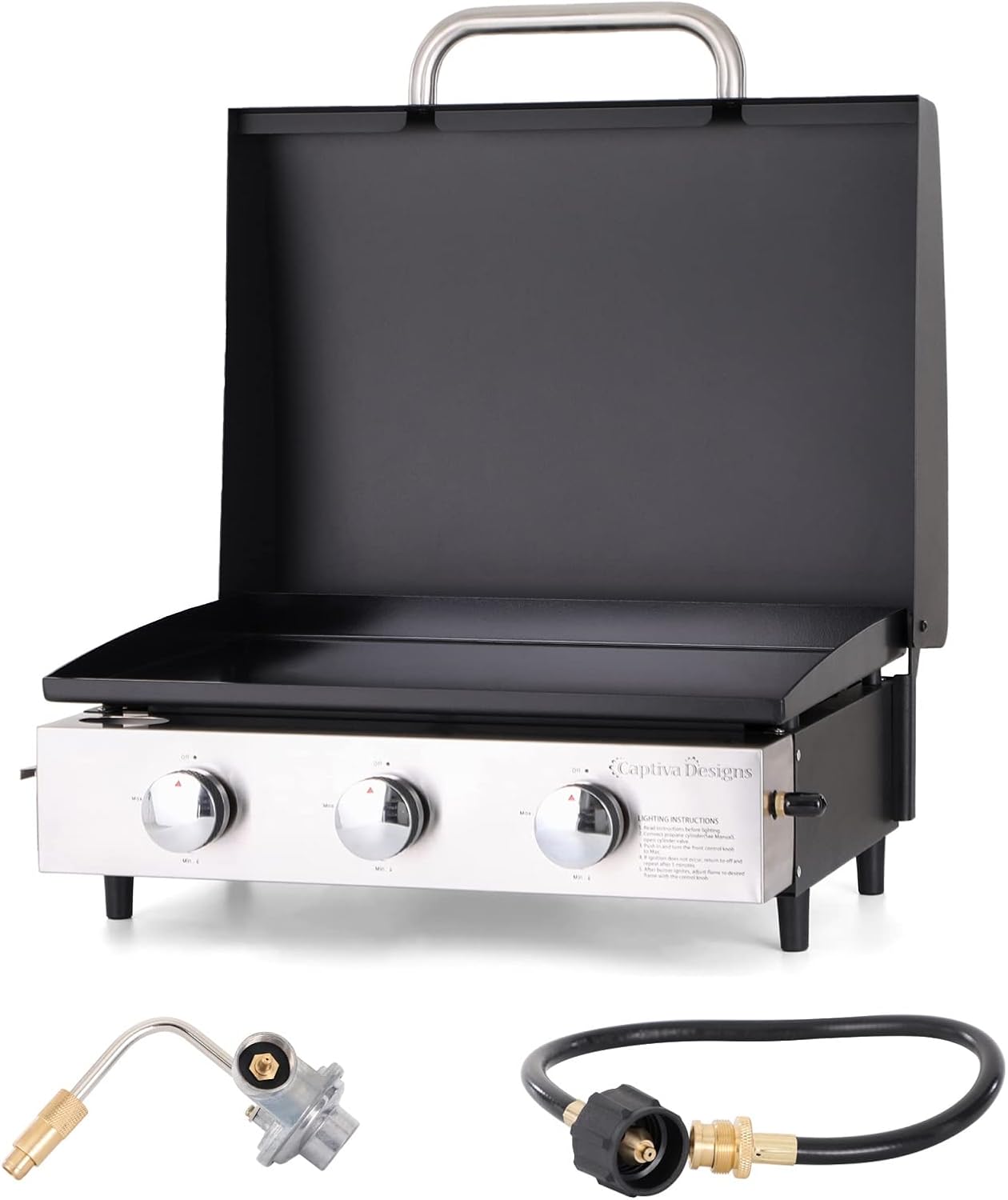 Sophia & William 22" Flat Top Grill with Lid & Ceramic Coated Cast Iron Pan, 3-Burner Portable Tabletop Gas Propane Griddle for Outdoor, BBQ, Camping & Tailgating Barbecue, 24,000 BTU