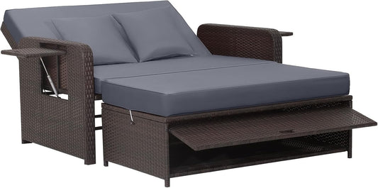Tangkula Patio Rattan Daybed Set, Wicker Loveseat Sofa w/Multipurpose Ottoman & Retractable Side Tray, 4-Level Adjustable Backrest, Footstool w/Storage, Seat & Back Cushion Included
