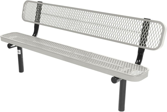 Coated Outdoor Furniture Heavy-Duty Outdoor Bench Thermoplastic Coated, Expanded Metal, Commercial-Grade Seating, Made in America (Inground with Back, 6 Ft, Grey)