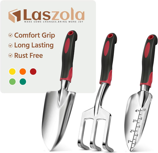 LASZOLA 3 Piece Garden Tool Set Include Hand Trowel Rake and Transplant Shovel for Women, Indoor Heavy Duty Small Spade Kit with Ergonomic Handle to Weed and Loosen, for Mom and Plant Beginner, Red