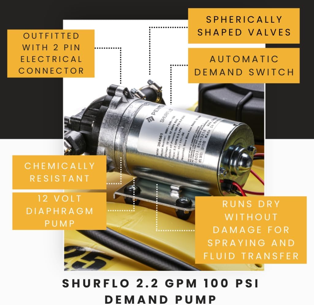 25 Gallon Platinum Spot Sprayer 2.2 GPM, Pro Series Aluminum Handgun Included with 15 Foot Hose, Mounted ATV and UTVs, Built in Drain, Yellow
