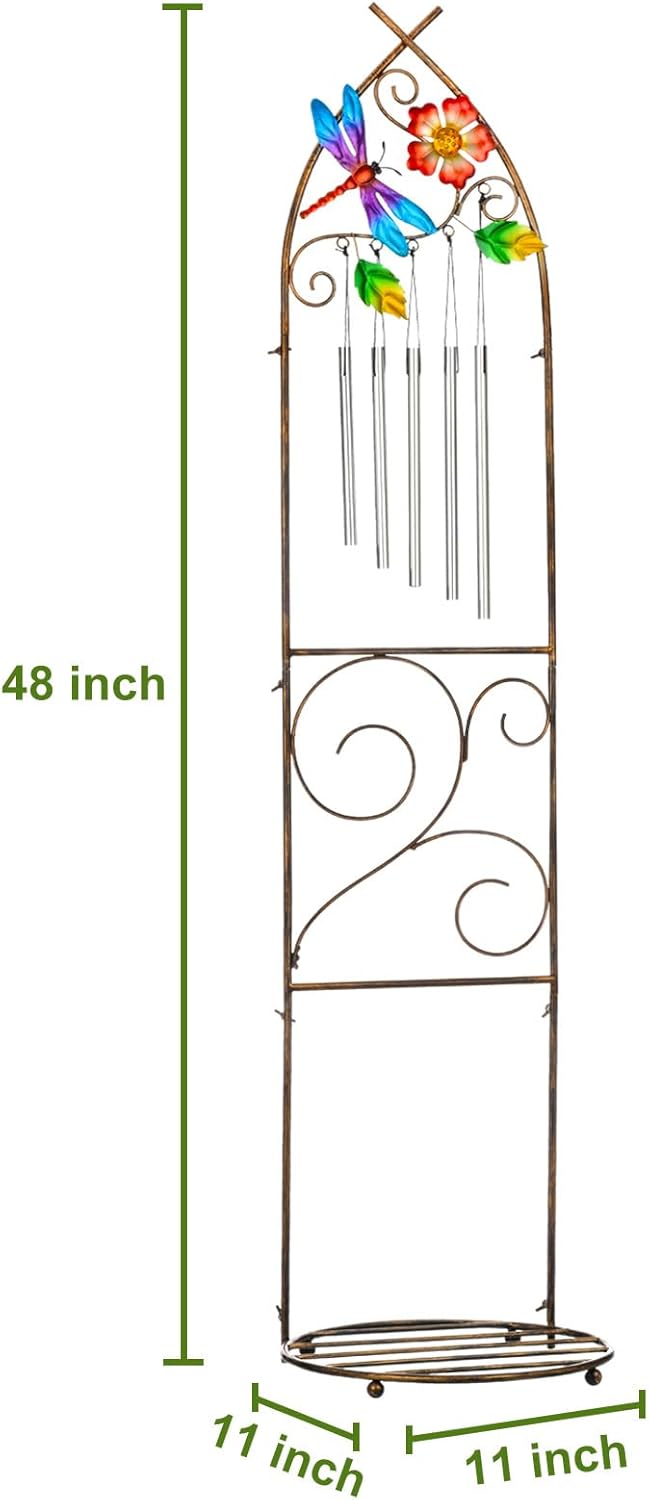 Plant Stands with Garden Trellis, 48” Metal Standing Wind Chimes Plant Pot Trellis with Dragonfly for Garden Patio Backyard Climbing Plants Outdoor Decor