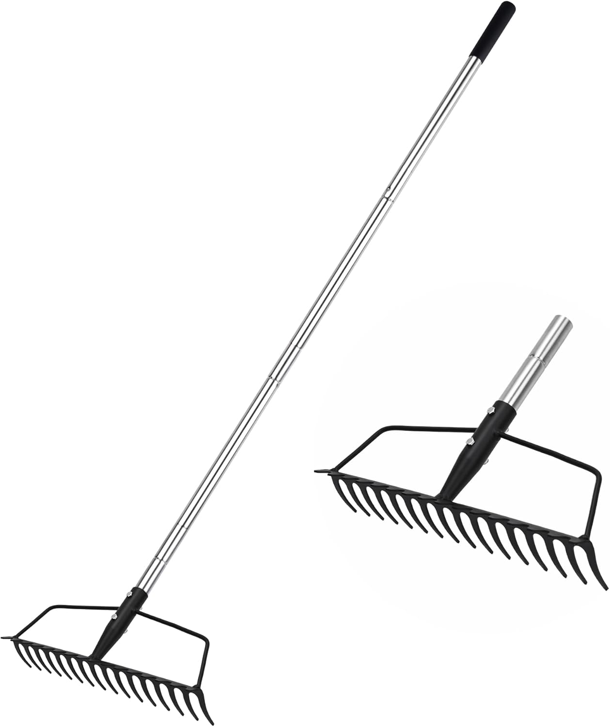 Garden Rake, Metal Sturdy and Heavy Duty Metal Rake, 16-Tine Bow Rake with Adjustable Stainless Steel Handle, Long Shaft for Loosening Soil, Leveling Mulch, Gathering Leaves