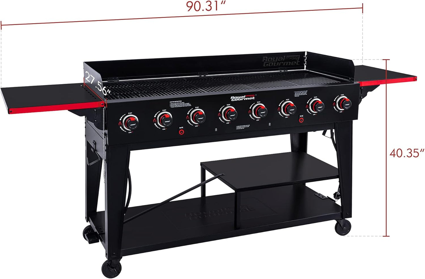 Royal Gourmet GB8003 8-Burner Propane Gas Grill with Foldable Side Tables, Large Propane BBQ Grill with Porcelain-Enameled Steel Wire Grates for Outdoor Party or Backyard Grilling, Black
