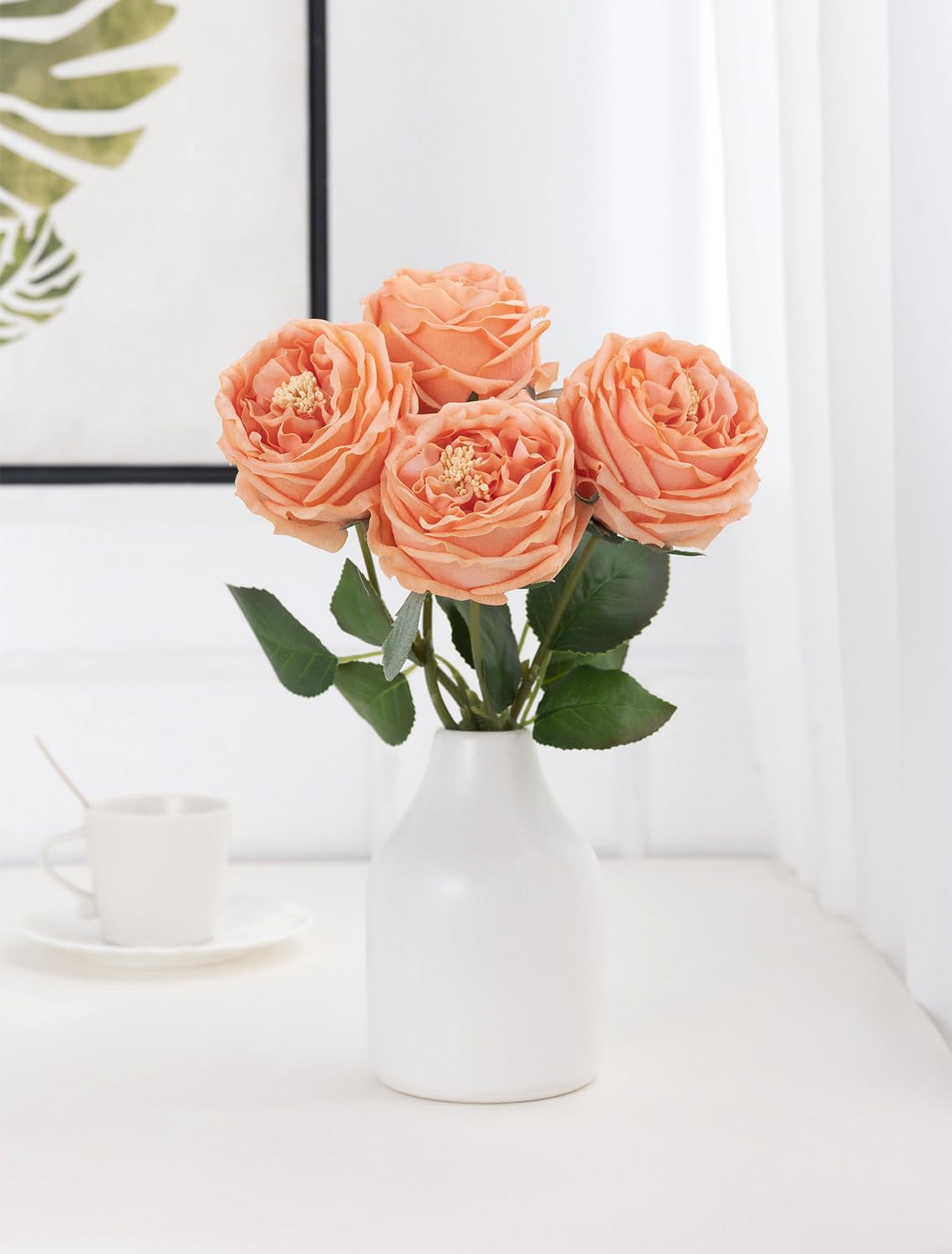 DuHouse 5Pcs Silk Roses Fake White Roses with Stems Real Touch Rose Artificial Flowers for Arrangement Wedding Party Home Decoration(Peach Fuzz)
