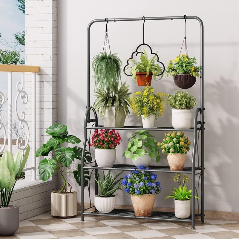 SORCEDAS Plant Stand Indoor Outdoor 3 Tier Tall Corner Hanging Plant Shelf Metal Flower Stands Ladder Plant Holder for Living Room Balcony Garden Patio Multiple Plants, Dark Grey