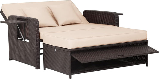 Tangkula Patio Rattan Daybed, Patiojoy Wicker Loveseat Sofa w/Multipurpose Ottoman & Retractable Side Tray, 4-Level Adjustable Backrest, Footstool w/Storage, Seat & Back Cushion Included (Beige)