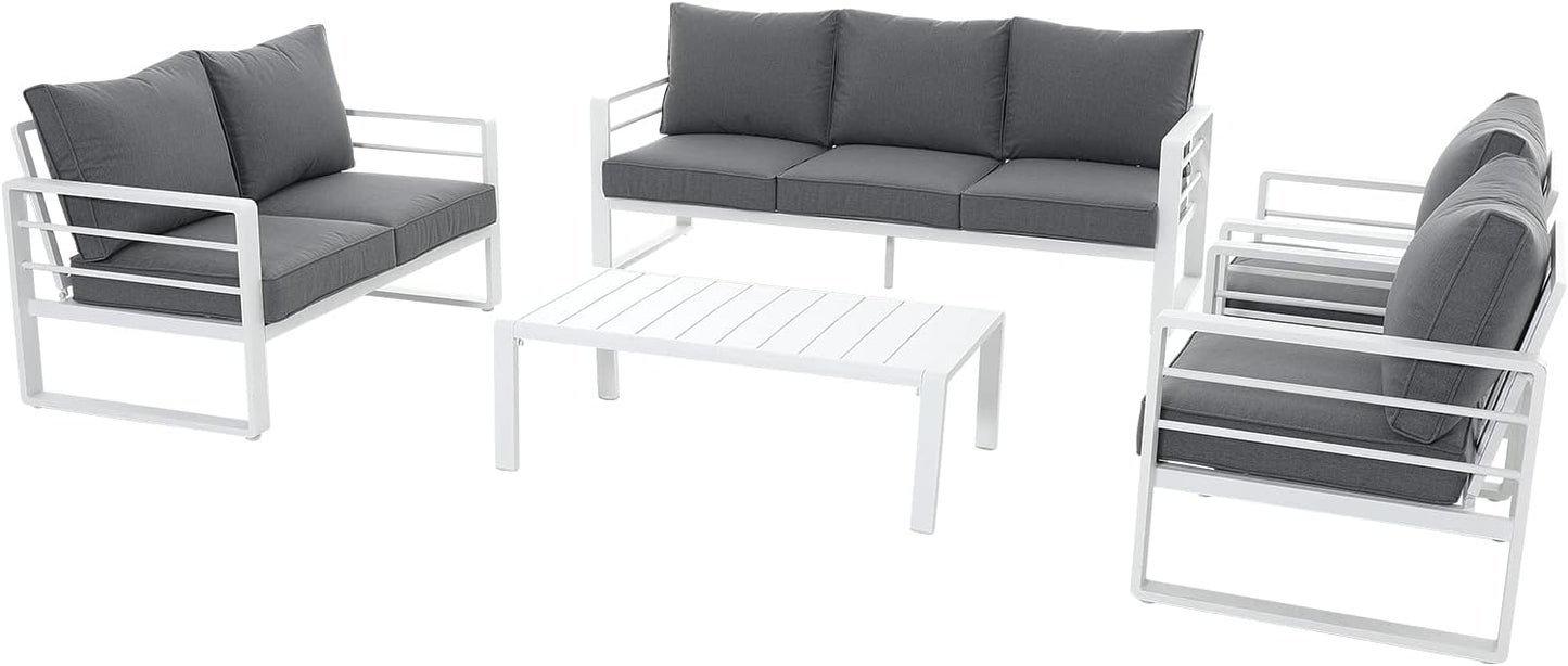 Patiorama Aluminum Patio Furniture Set, 5 PCS Modern Patio Conversation Set, All Weather White Outdoor Sectional Sofa Set w/Coffee Table, Patio Seating Set, Olefin Cushion, Garden-Grey Cushion