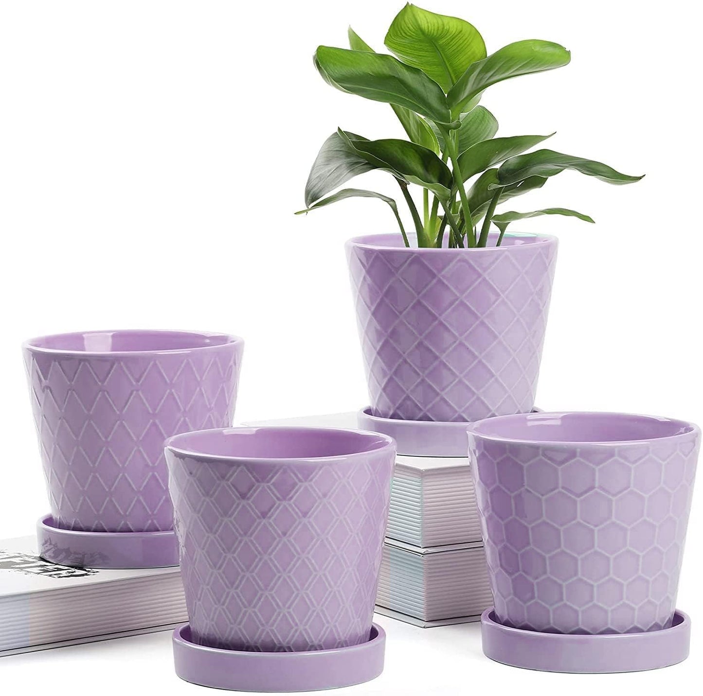 EFISPSS Flower Planter –5 inch Ceramic Plant Pots with Drainage Holes and Ceramic Tray - Gardening Home Desktop Office Windowsill Decoration Gift Set of 4 - Purple