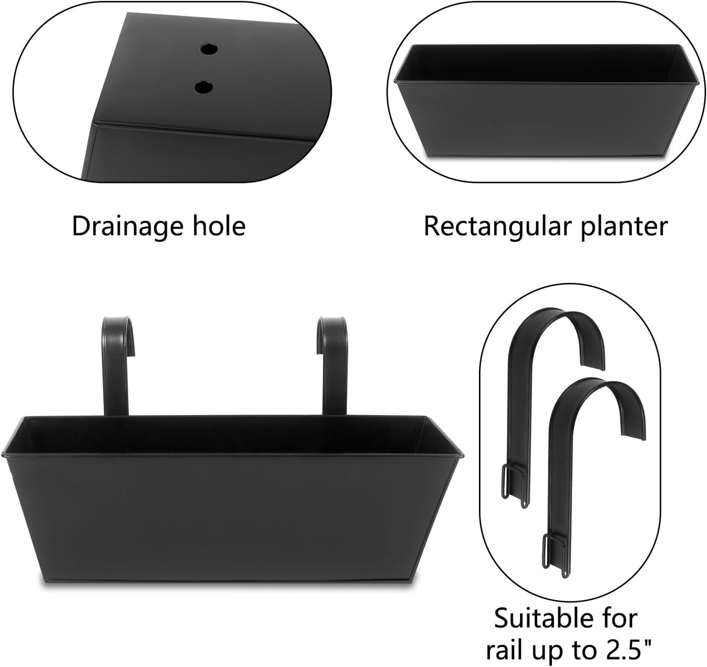 Railing Planters Outdoor Balcony 16 Inch Deck Over The Railing Planter Boxes Hanging Planters for Fence Flower 3 Pcs (Black)
