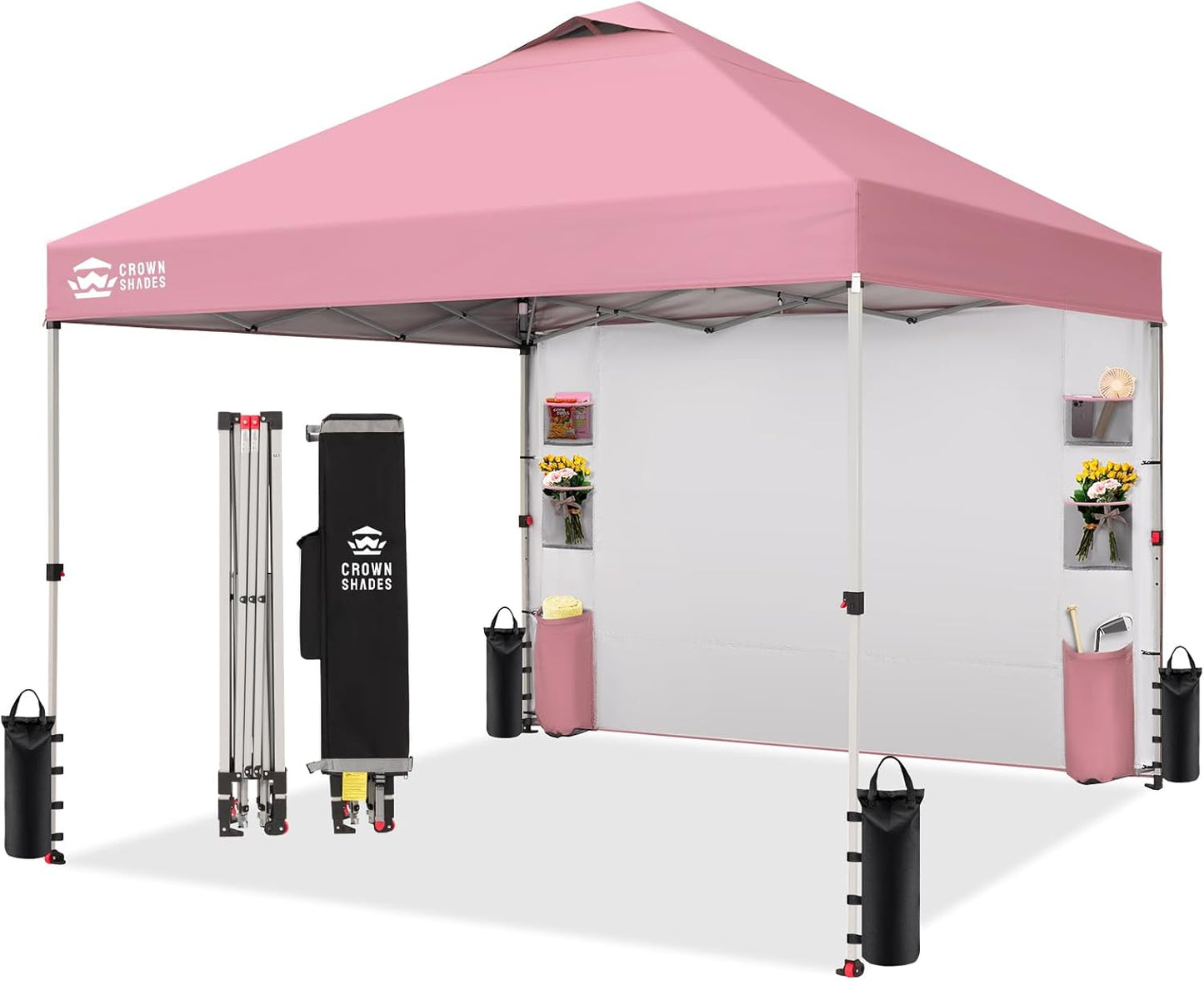 CROWN SHADES Canopy Tent, 10 x 10 Foot Portable Pop Up Outdoor Shelter with Pocket Sidewall, Push Center Lock, UV Protection, and Carry Bag, Pink