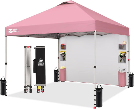 CROWN SHADES Canopy Tent, 10 x 10 Foot Portable Pop Up Outdoor Shelter with Pocket Sidewall, Push Center Lock, UV Protection, and Carry Bag, Pink
