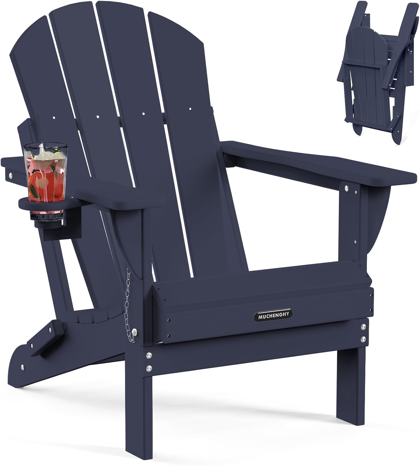 MUCHENGHY Folding Adirondack Chairs, Patio Chairs, Lawn Chairs, Outdoor Chair, Adirondack Chair Plastic, Fire Pit, Weather Resistant with Cup Holder for Deck, Backyard, Garden(Dark Navy Blue)