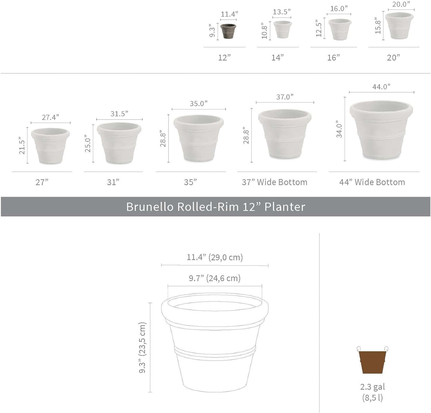 Crescent Garden Brunello Classic Rolled Rim Planter Pot, Indoor/Outdoor Weather-Safe Round Plant Pot, 12'' (Caviar Black)