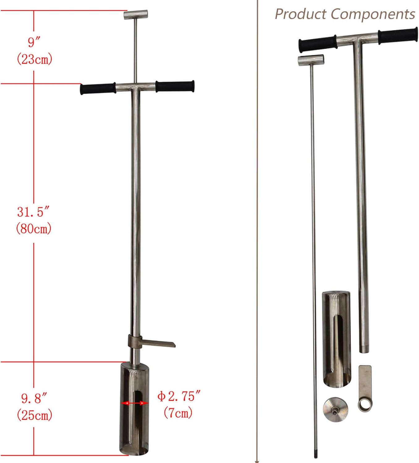 INTBUYING 40’’ Soil Sampler Probe Soil Test Probe with 9.8’’Sample Ejector and Foot Pedal T Rubber Handle Stainless Steel 2.7'' Dia for Soil Sampling Lawn Garden Farm