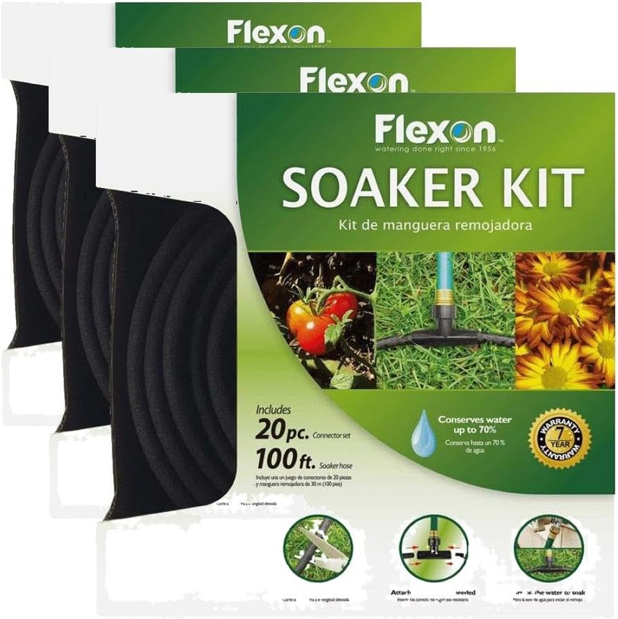 Flexon Soaker Hose 100 ft Black | Non-Clogging Porous Design | For Gardens | Efficient Watering | 20-Piece Kit, Pack of 3