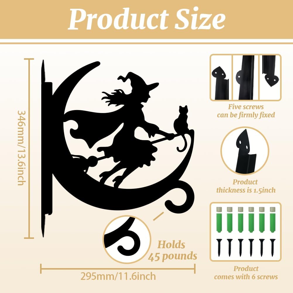 peacoblue Iron Plant Hangers Hooks for Outdoor Indoor Hanging Plants Flower Fern Pots Lantern Bird Feeder,11.6"x13.6" Weather Resistant Metal Wall Holder for Porch Garden Farmhouse(Witch and Cat)