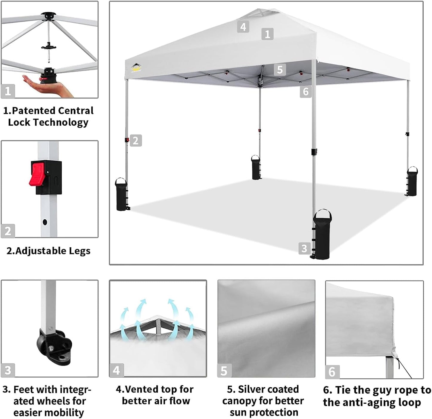 CROWN SHADES 10x10 Pop Up Canopy - Beach Tent with One Push Setup - Easy Outdoor Sun Shade for Events, Parties, Camping - Gazebo with STO-N-Go Cover Bag, Silver Coated Top, Grid White