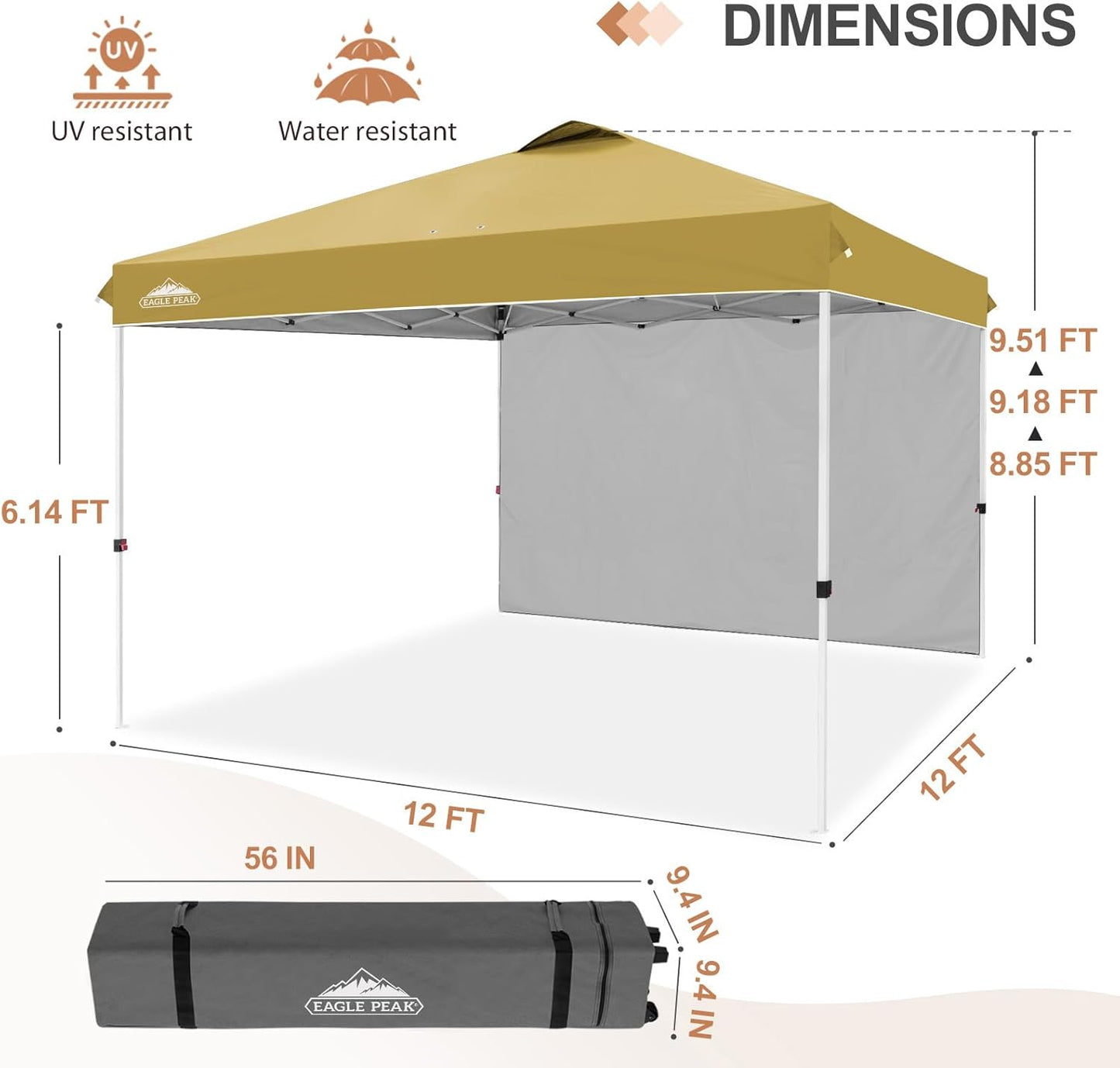 EAGLE PEAK Pop Up Canopy Tent with 1 Sidewall, Easy Setup Event Tent, Outdoor Sun Shade, Wheeled Carry Bag, Stakes and Guy Ropes, Instant Canopy 12x12, Beige
