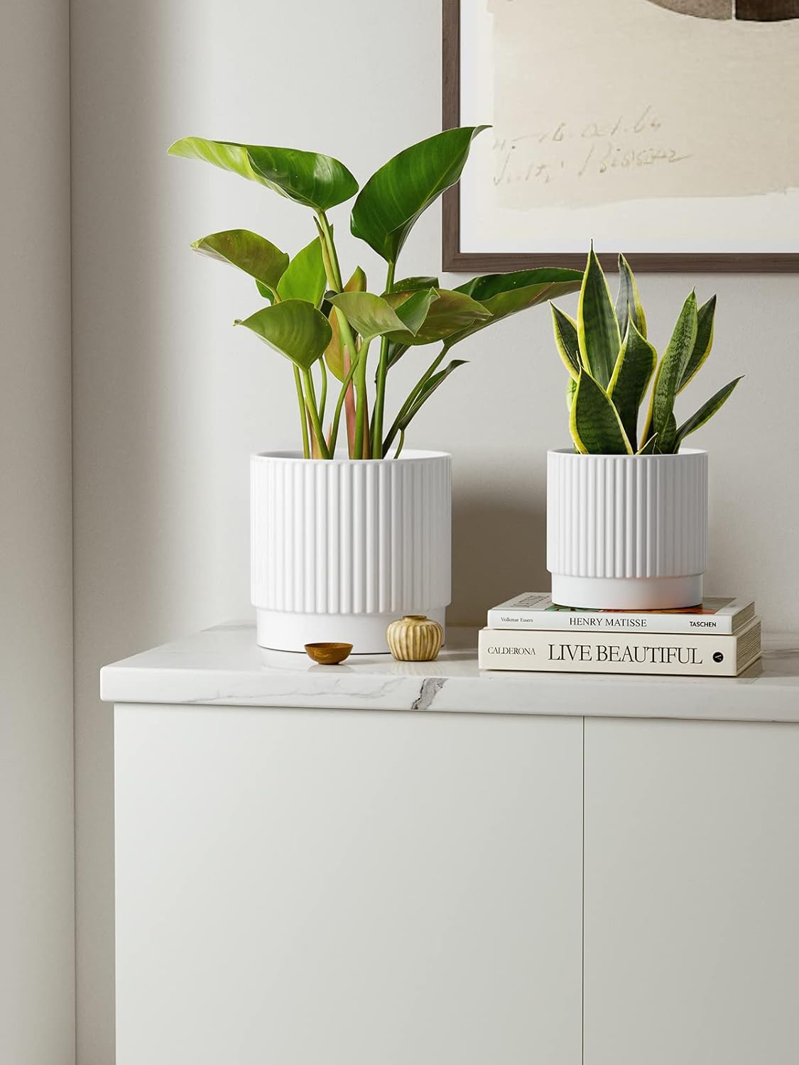 LE TAUCI Ceramic Pots for Plants, 8+6.7+5.5 Inch Plant Pots Indoor, Flower Pot with Drainage Holes, Medium Cylinder Planters for Indoor House Plants, Set of 3, White