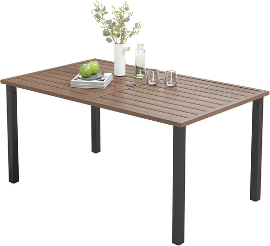Outdoor Patio Dining Table for 6, 60" x 36" Rectangular Metal Patio Dining Table with Umbrella Hole for Garden, Backyard and Porch