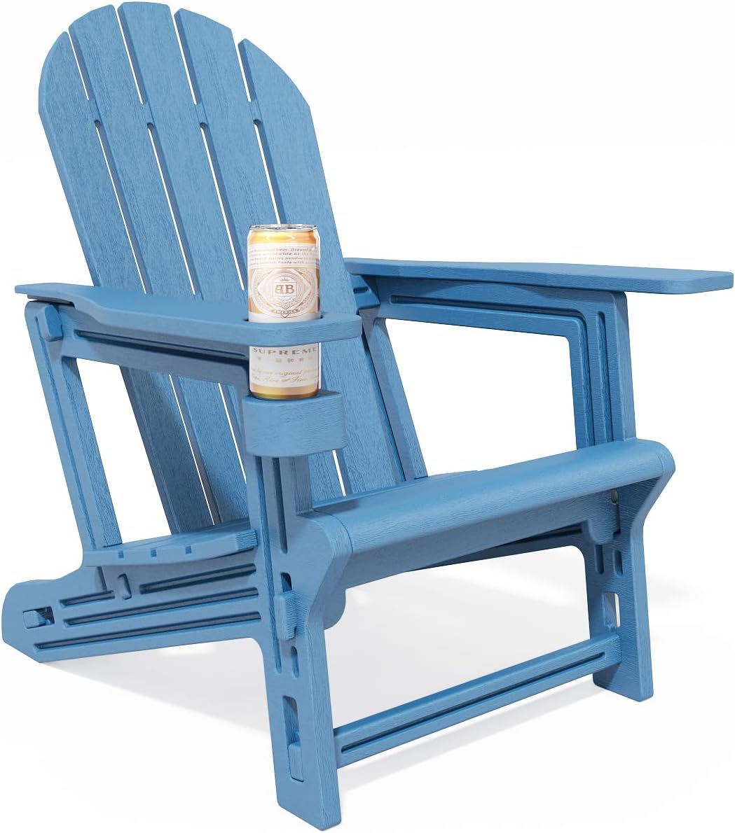 Adirondack Chair, Tool-Free Assembly All-Weather Adirondack Chairs, HDPE Fire Pit Chairs with Cup Holder, Outdoor Chair for Patio Garden (Blue)