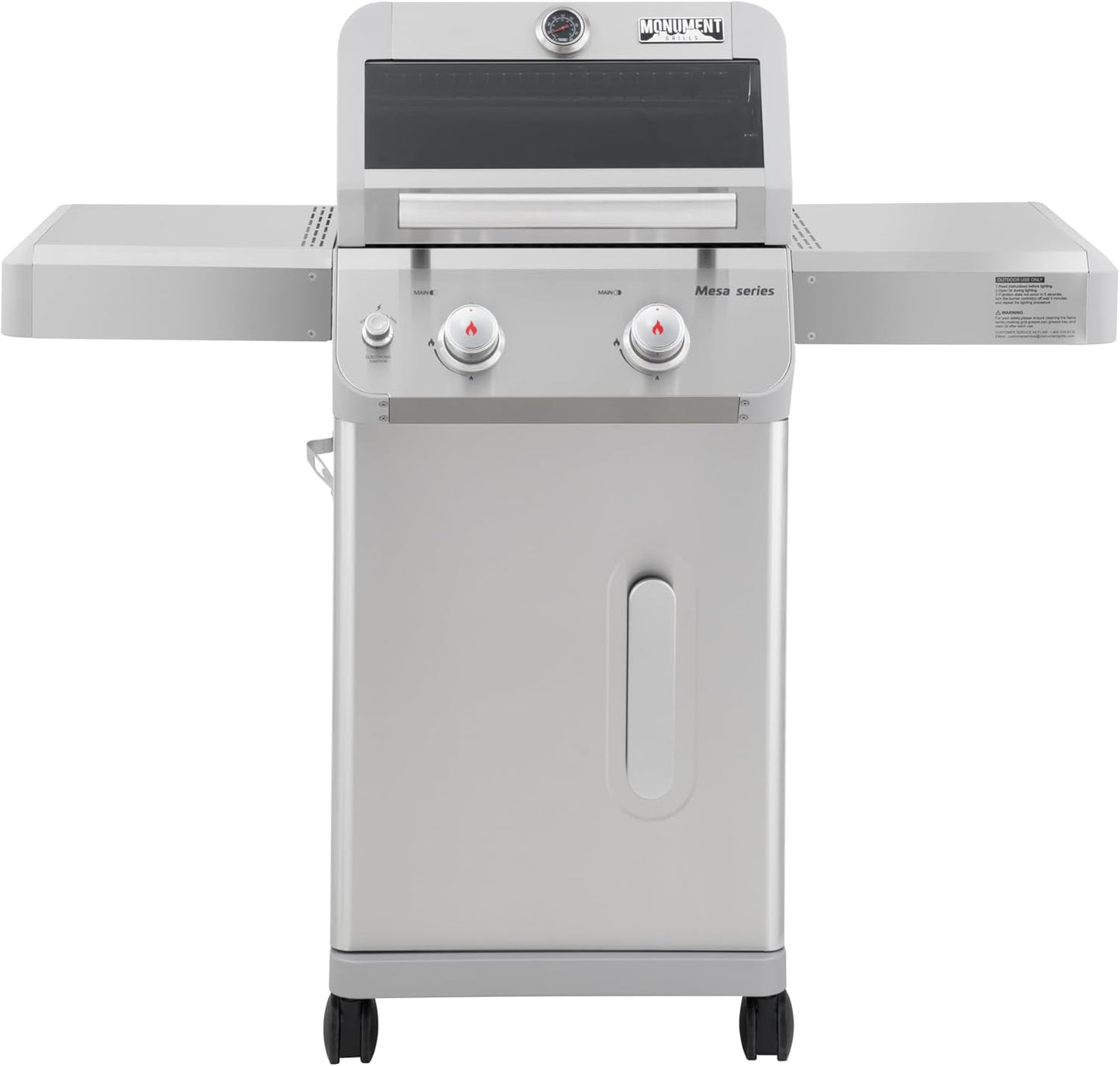 Monument Grills 2-Burner Stainless Steel Liquid Propane Gas Grill, Two Foldable Shelves Patio Garden Barbecue Grill with Clearview® Lid, Knob Control, Mesa200S with BBQ Cover