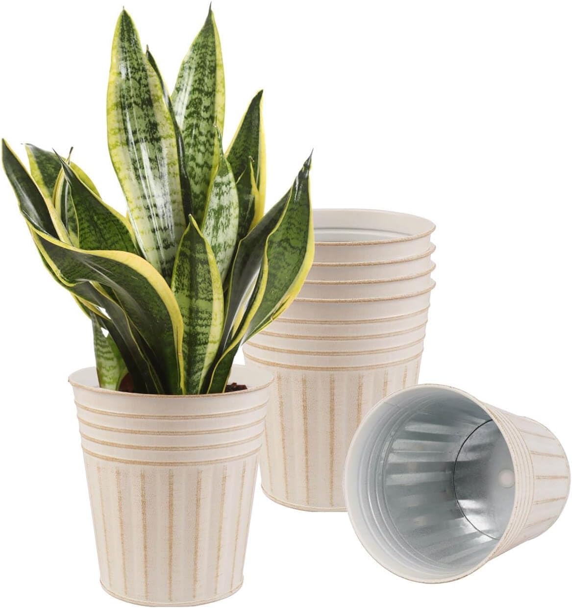 vensovo 7 Inch Beige Metal Rustic Flower Pots - 6Pcs Medium Galvanized Planters with Drainage Hole and Rubber Plug, Rustproof Metal Bucket Plant Pots Farmhouse Vintage Style for Decor