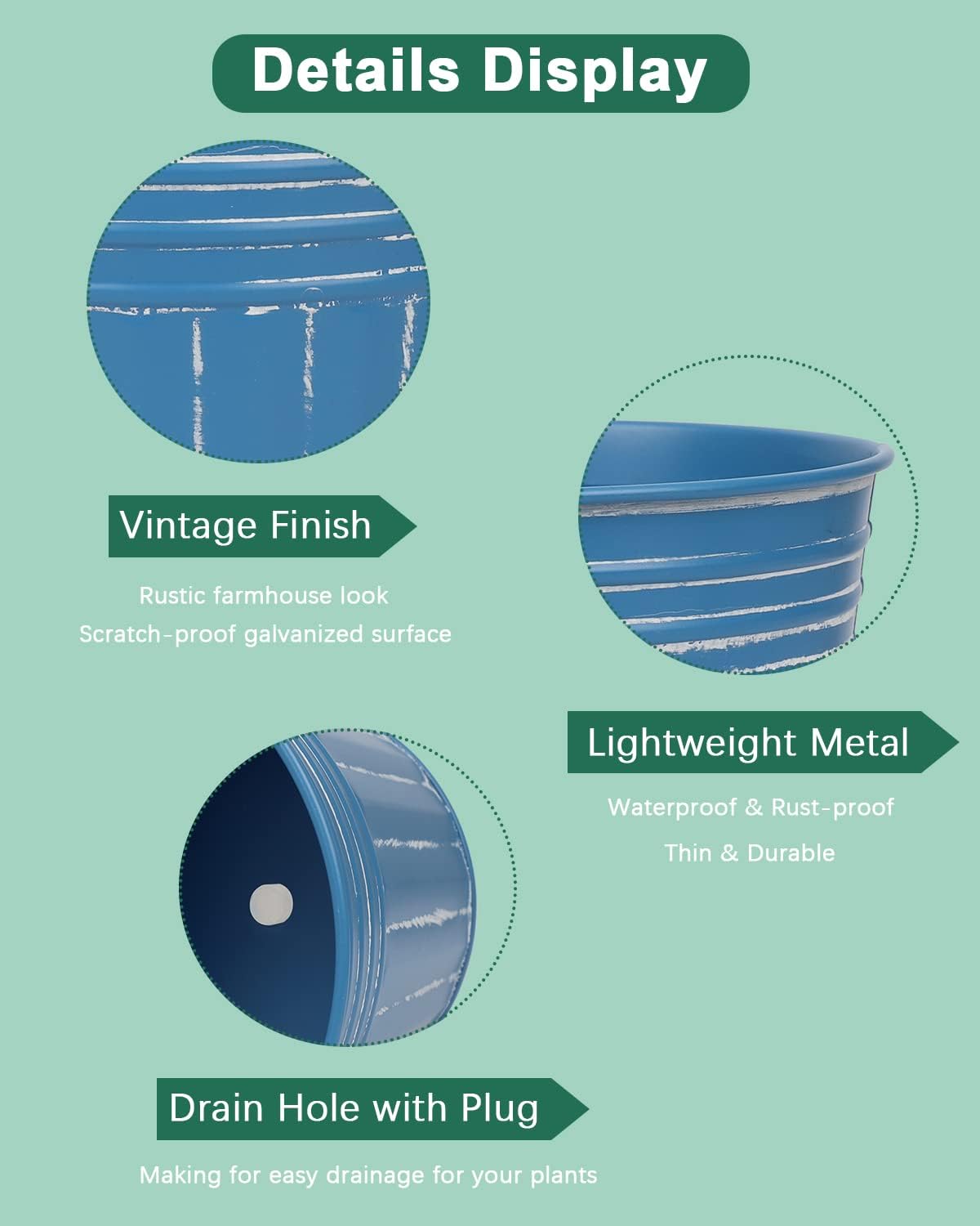 vensovo 6 Inch Steel Blue Metal Rustic Flower Pots - 6Pcs Galvanized Planters with Drainage Hole and Rubber Plug, Rustproof Metal Bucket Plant Pots Farmhouse Vintage Style for Decor