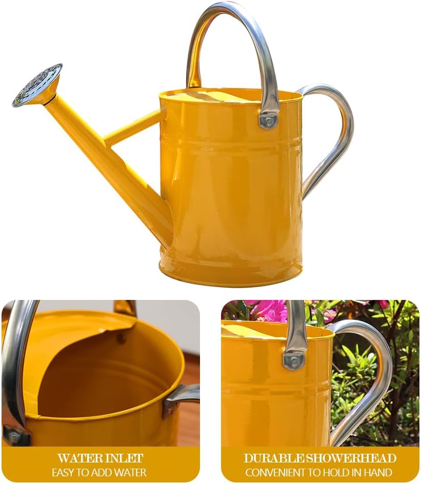 Metal Watering Can, One Gallon Watering Cans Stainless Steel for Outdoor Indoor Garden Plants Watering (Yellow)