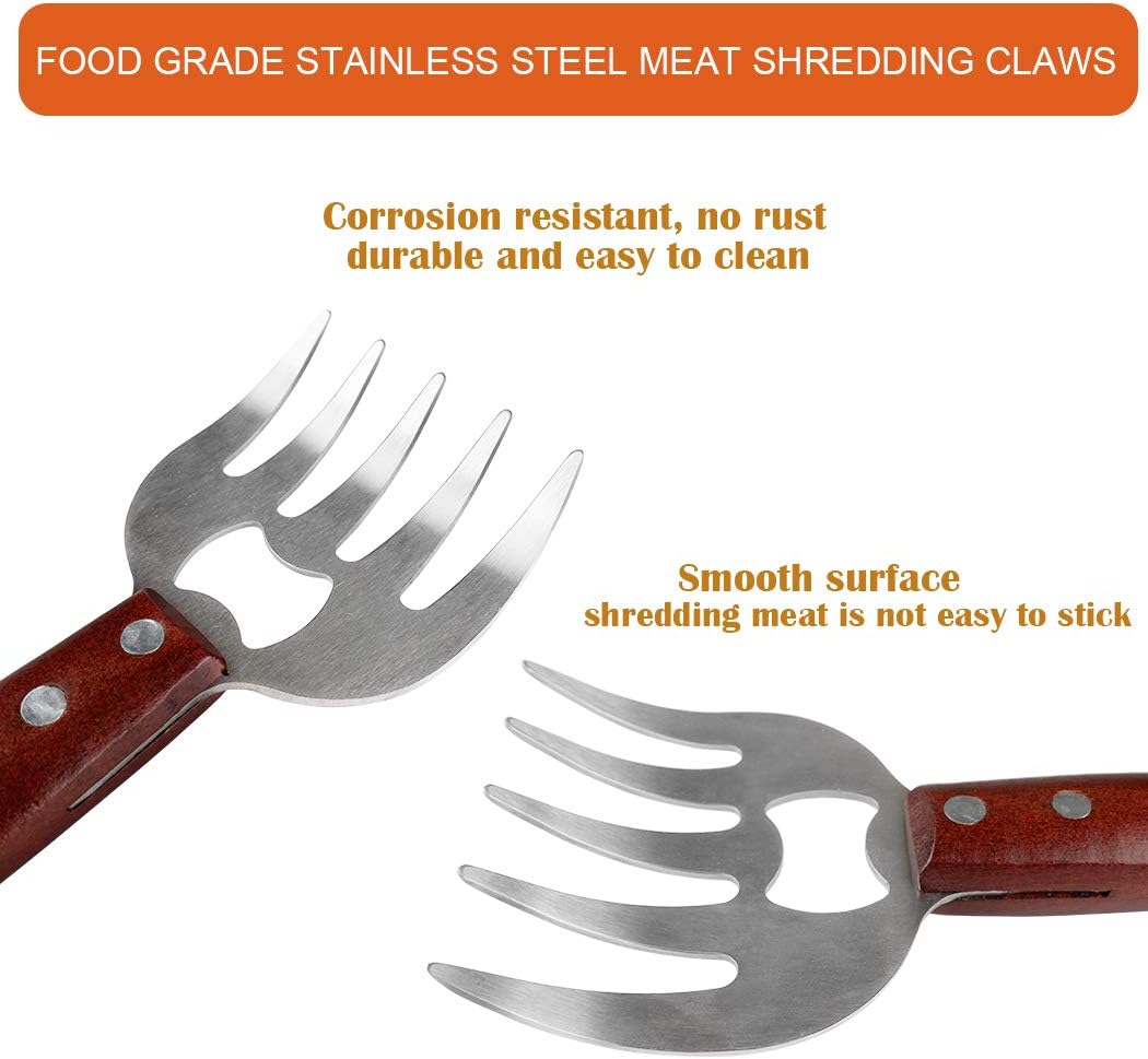 AIYUE Meat Shredding Claws Stainless Steel Pulled Pork Shredder Meat Claws for BBQ Shredding Pulling Handing Lifting & Serving Pork Turkey Chicken with Long Wood Handle (2 PCS,BPA Free)