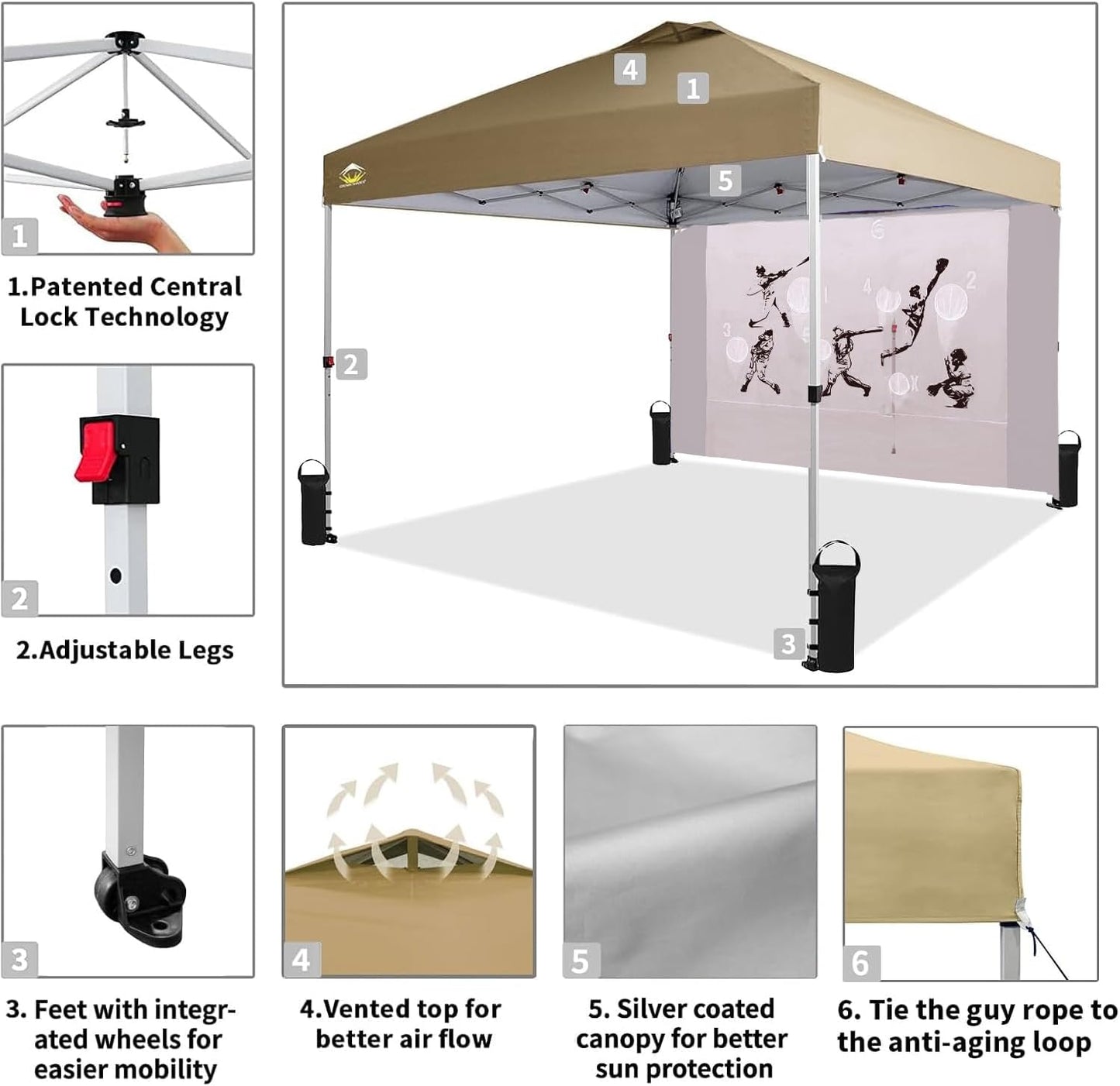 CROWN SHADES 10x10 Pop Up Canopy Tent with Game Netting - Beach Tent with One Push Setup - Outdoor Sun Shade for Events, Parties, Camping with STO-N-Go Cover Bag, Silver Coated Top, Khaki