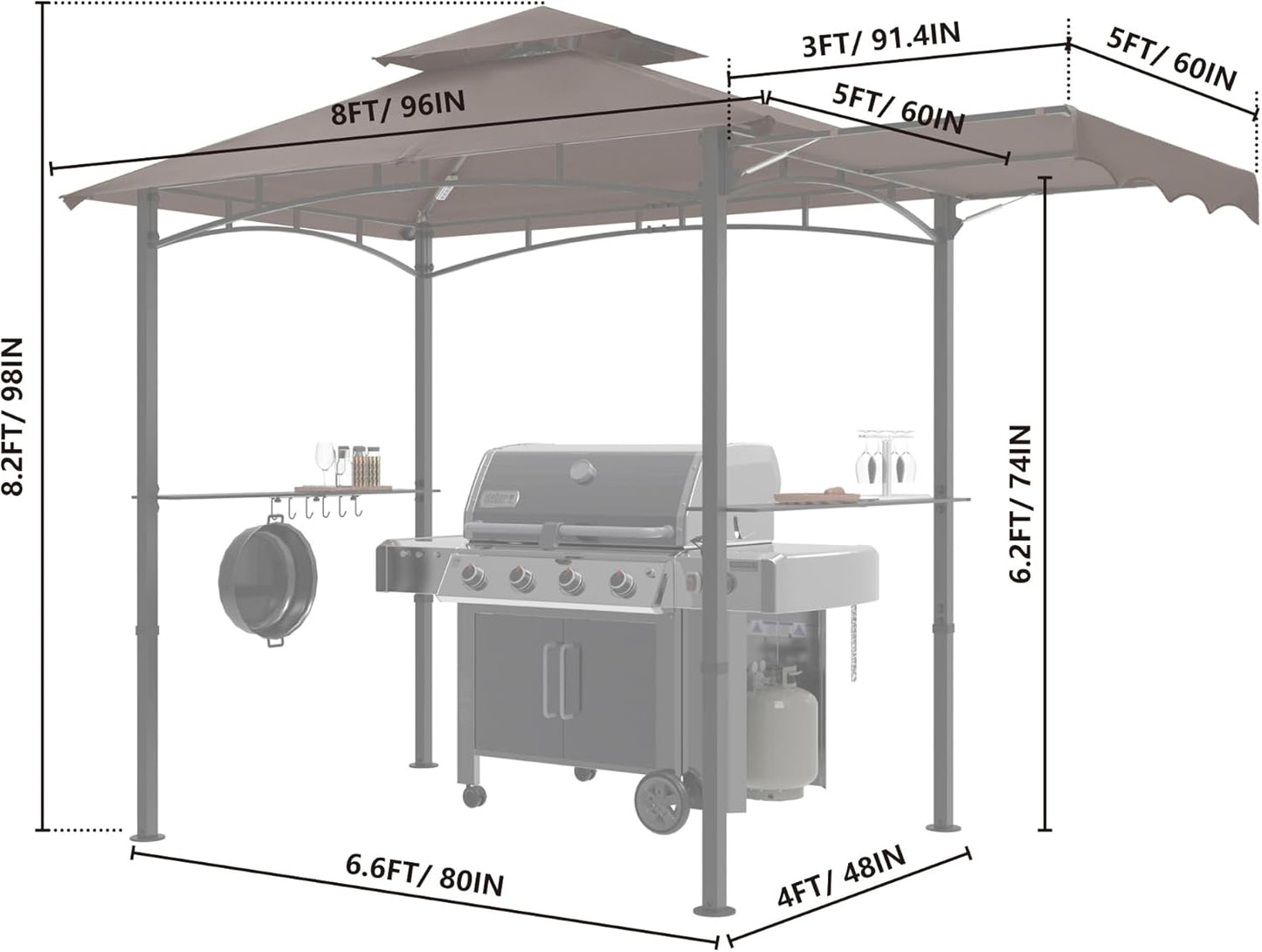 MASTERCANOPY 11 x 5 Grill Gazebo with Extra Side Awning Outdoor BBQ Gazebo with 2 LED Lights for Patio Party Backyard Picnic(Brown)