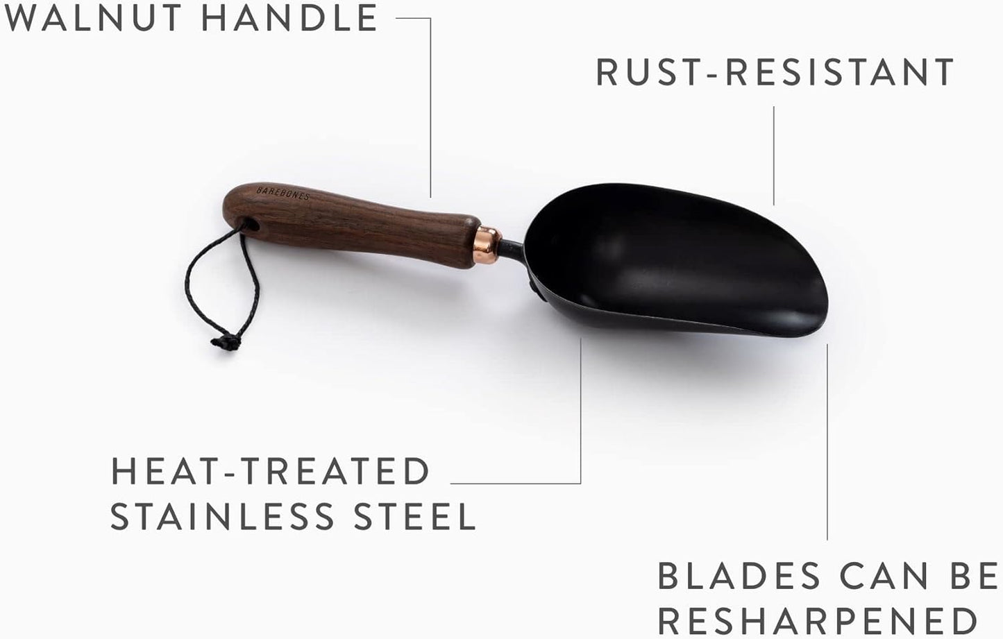 Barebones Garden Scoop - Garden Spoon - Stainless Steel Small Hand Shovel for Transplanting, Digging, and Planting - Great Home Gardening Hand Tools (Walnut/Black)