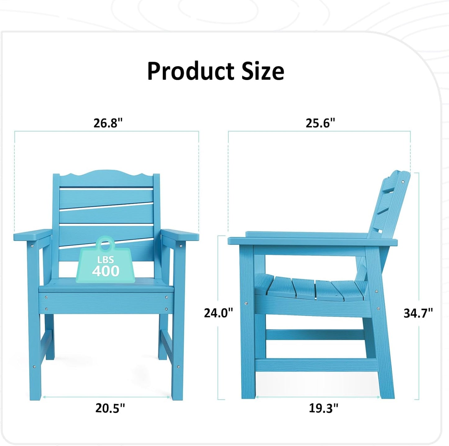 Patio Chairs Set of 2, Weatherproof HIPS Outdoor Dining Chair with Ergonomics Wide Seat, 400lbs Capacity Outdoor Chairs for Garden, Porch, Lawn & Backyard, Lake Blue