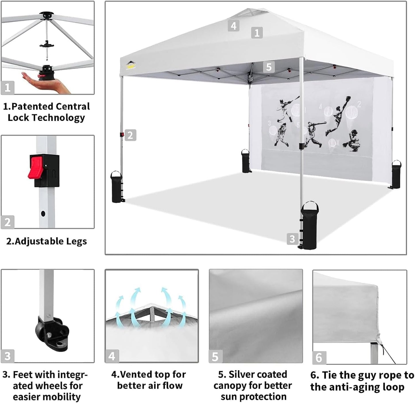 CROWN SHADES 10x10 Pop Up Canopy Tent with Game Netting - Beach Tent with One Push Setup - Outdoor Sun Shade for Events, Parties, Camping with STO-N-Go Cover Bag, Silver Coated Top, White