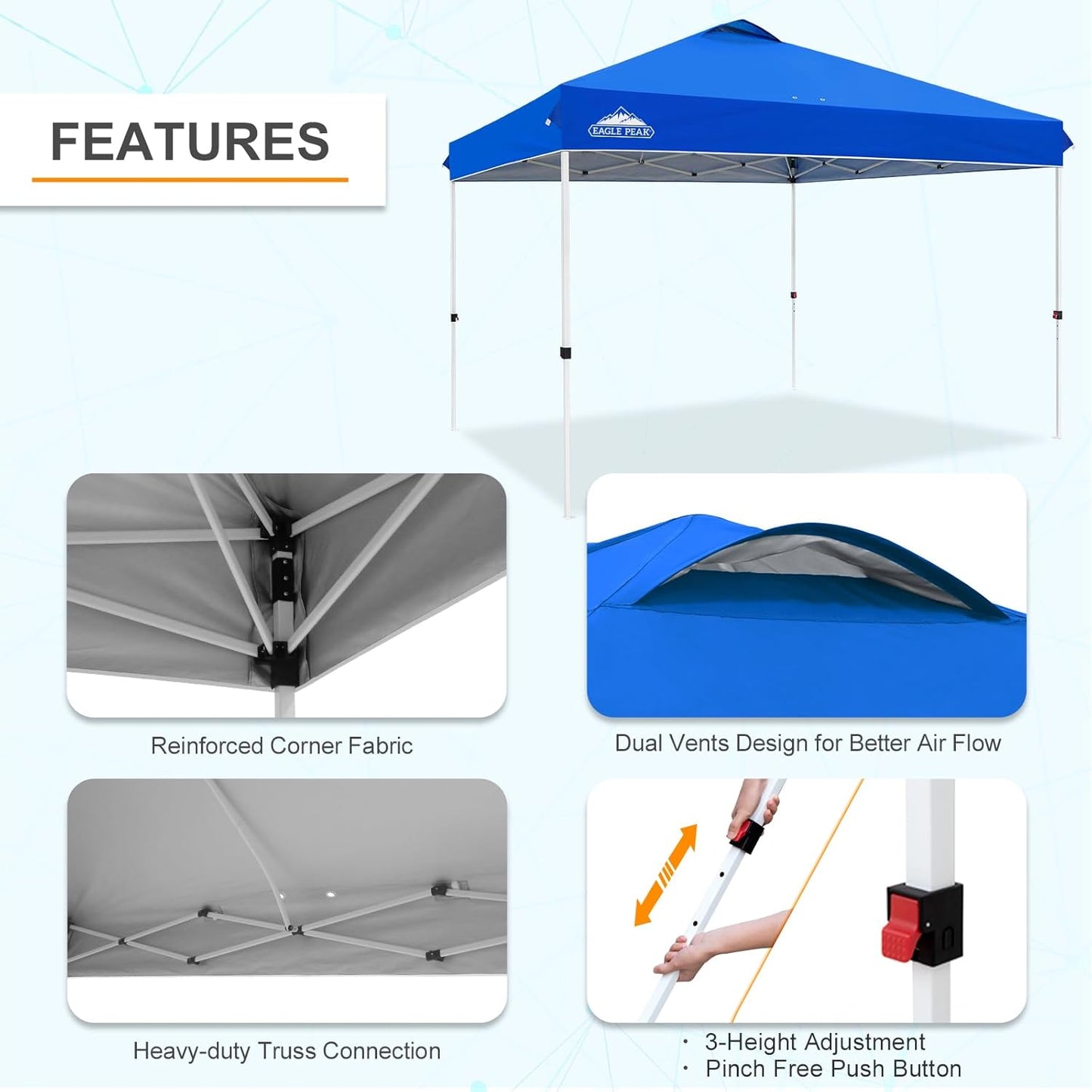 EAGLE PEAK Pop Up Canopy Tent with Wheeled Carry Bag, 8 Stakes, 4 Ropes, 4 Weight Bags, Easy Set Up Tent Canopy, 12x12 ft, 144sqft of Shade, Blue