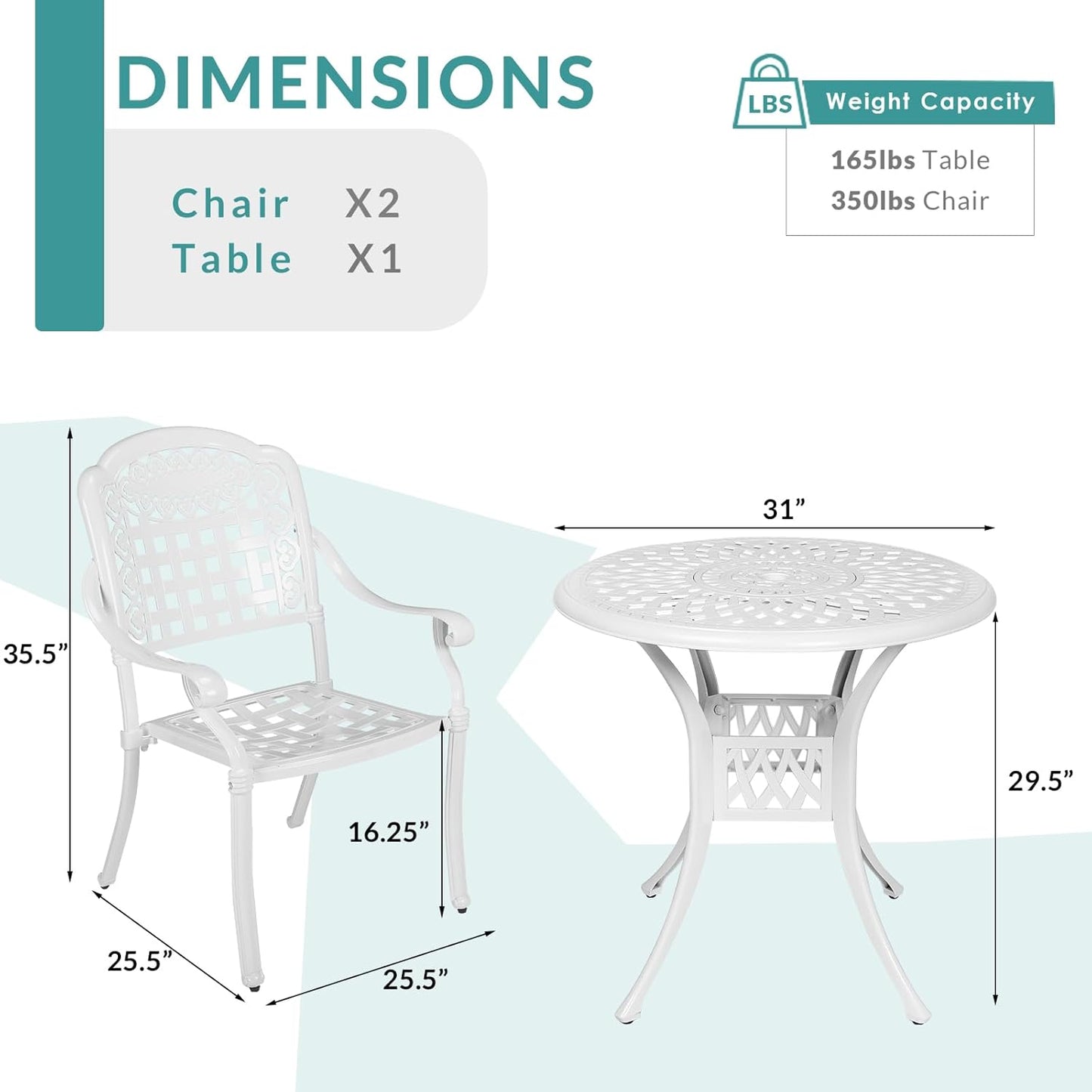 MEETWARM 3 Piece Patio Bistro Set, Outdoor All-Weather Cast Aluminum Dining Furniture Set Includes 2 Chairs and a 31” Round Table with Umbrella Hole for Garden Deck, White