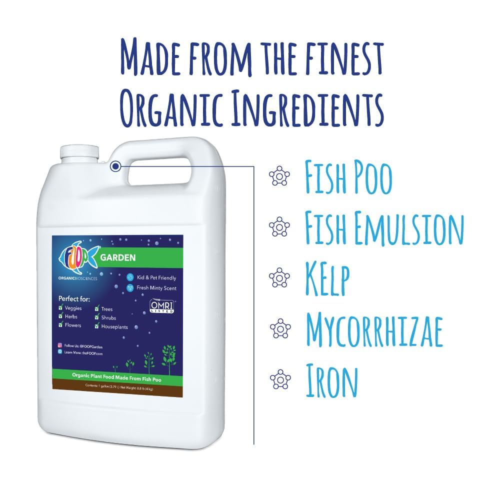 FOOP Garden Pump Bundle - Organic Liquid Plant Food Made from Fish Manure (with Fresh Minty Scent) | Perfect for Veggies, Herbs, Flowers, Trees, Shrubs | Kid & Pet Friendly (1 Gallon + Pump)