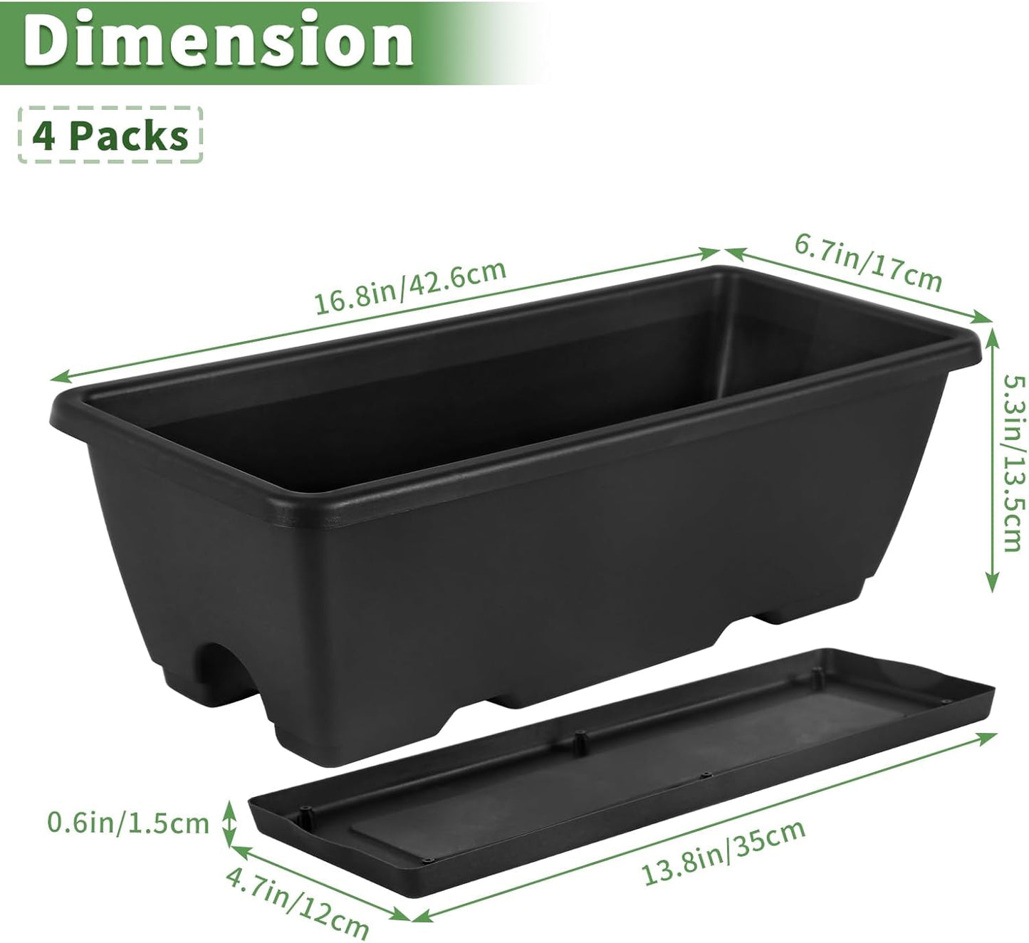 HAITRAL Hanging Planters for Outdoor Plants,Deck Railing Planter Boxes Countryside Style Window Boxes Planters, Balcony Flower Pots Plastic Railing Planter with Metal Brackets for Fence,Black 4 Pcs