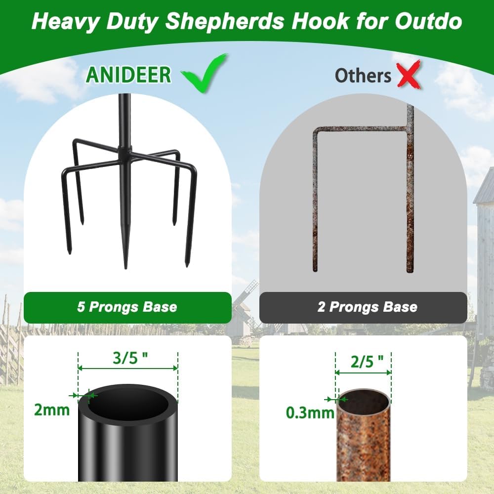 48" Shepherds Hooks for Outdoor, Heavy Duty Garden Bird Feeder Pole for Hanging Bird Feeder, Plant Baskets, Solar Light Lanterns, Outdoor Plant Hanger Hook with 5 Base Prongs,1 Packs