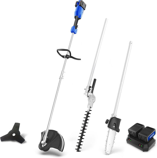 Wild Badger Power 40V Cordless Weed Wacker, String Trimmer/Edger, Hedge Trimmer and Brush Cutter Blade, Pole Saw, Attachment Capable 4-in-1 Multi-Tool Kit with 2 * 20V 4Ah Battery and 1 Charger, Blue