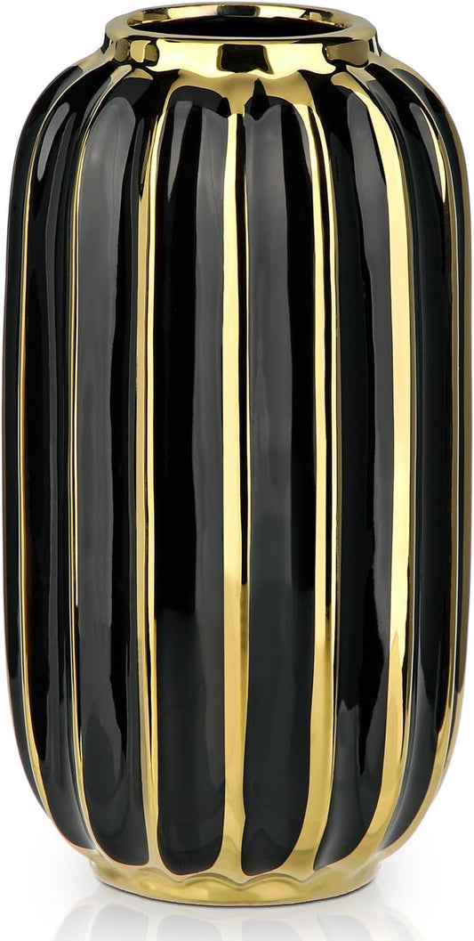 Briful Gold Plated Lantern Ceramic Vase Home Decor Creative Design Porcelain Decorative Flower Vase 8.66'' Black Ceramic Vases for Wedding Anniversary Decoration