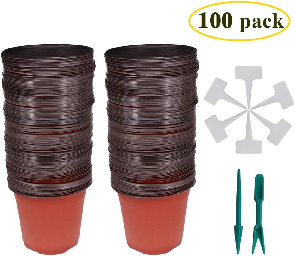100 Pcs 6" Plastic Seedlings Plants Nursery Pots with 100 Pcs Waterproof Plastic T-Type Plant Tags and 2Pcs/Set Transplanting Digging Mini Tools