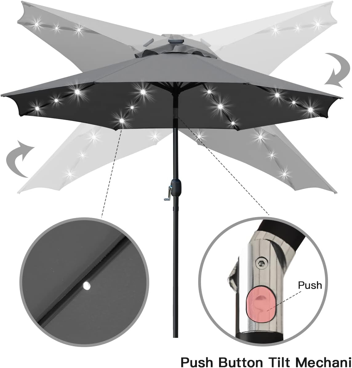Sunnyglade 9' Solar LED Lighted Umbrella with 8 Ribs Adjustment and Crank Lift System for Patio (Grey)